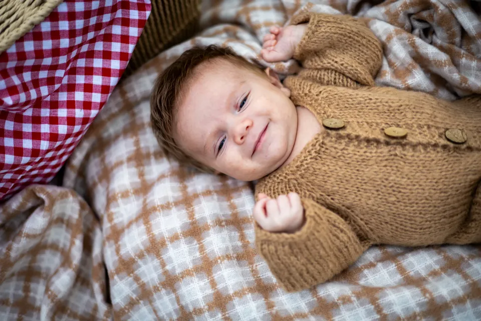 A smiling baby wearing a brown knitted onesie lies on a checkered blanket, with a red and white checkered picnic cloth and a basket in the background.